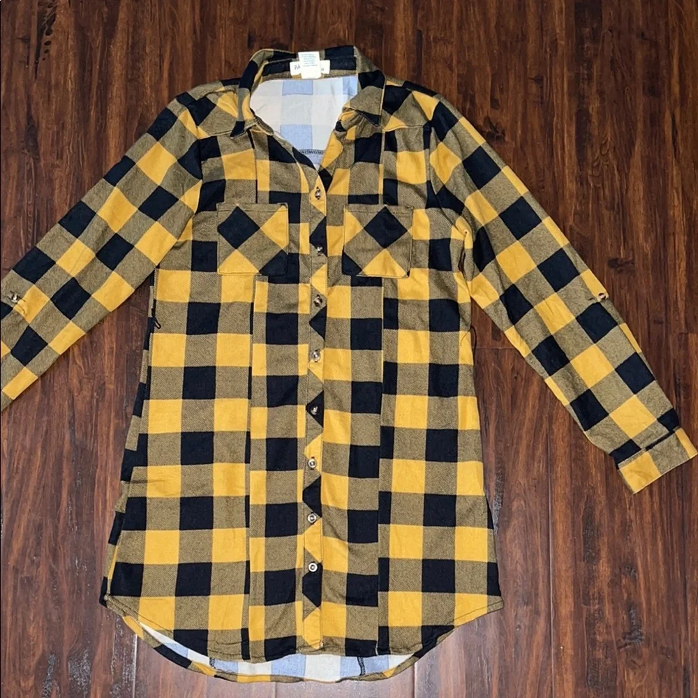 Girls Yellow and Black Plaid Button-Up Dress